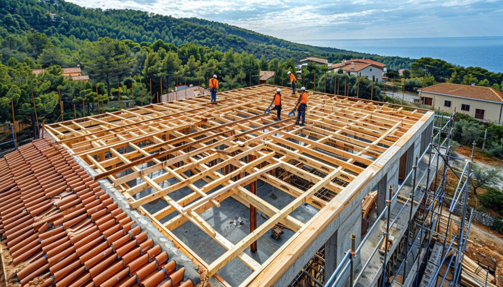 Chantier toiture antisismique Var avec ouvriers et matériaux spécialisés