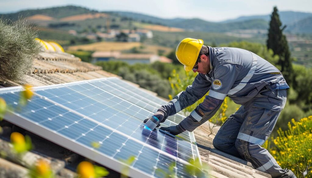 Technicien inspectant une toiture photovoltaïque pour détecter des fuites dans le Var