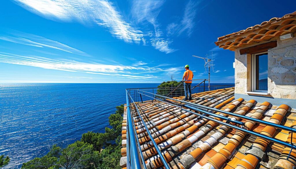 Garde-corps en aluminium sur un toit en tuiles dans le Var avec vue mer