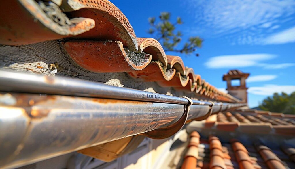 Gouttière en zinc parfaitement dimensionnée sur un toit en tuiles canal dans le Var