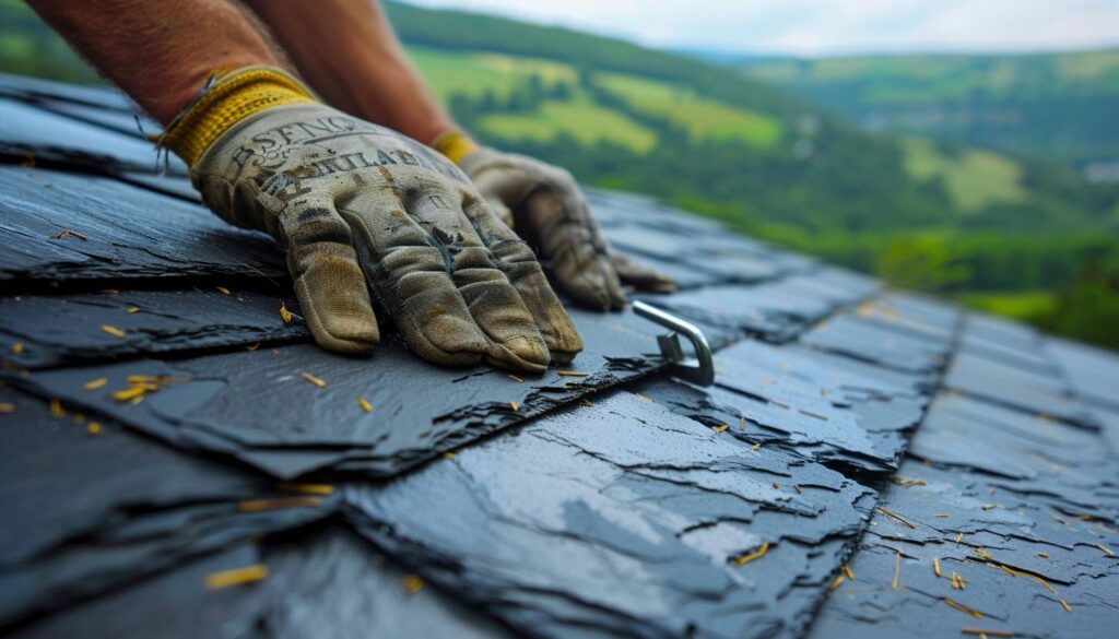 Couvreur installant un crochet d'ardoise sur une toiture dans le Var