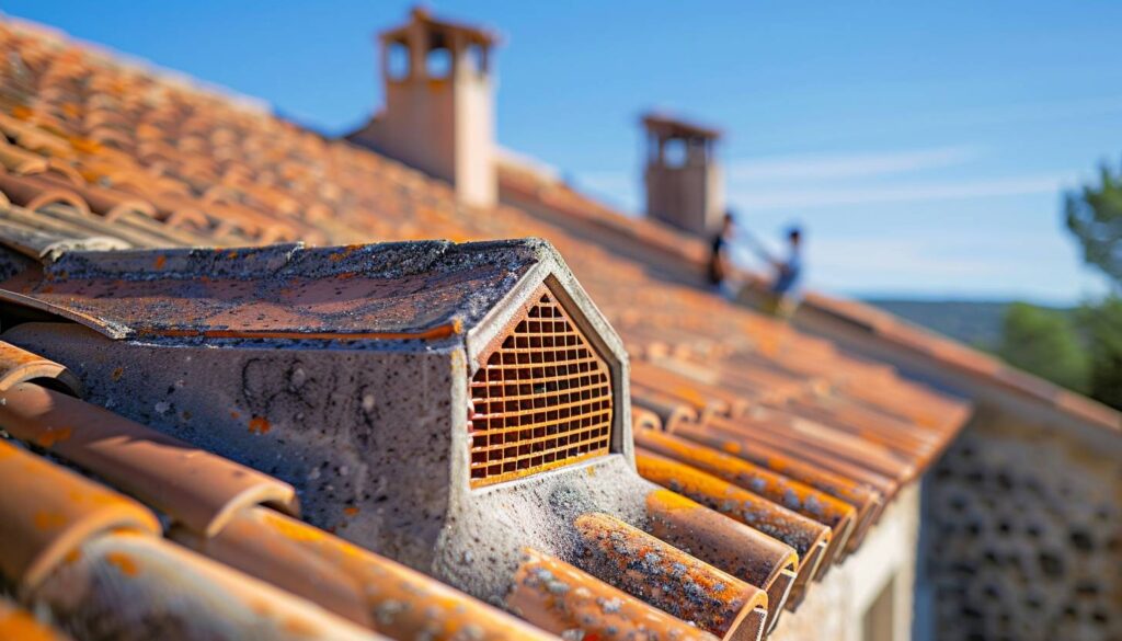 Artisan posant une tuile de ventilation sur un toit en tuiles canal dans le Var