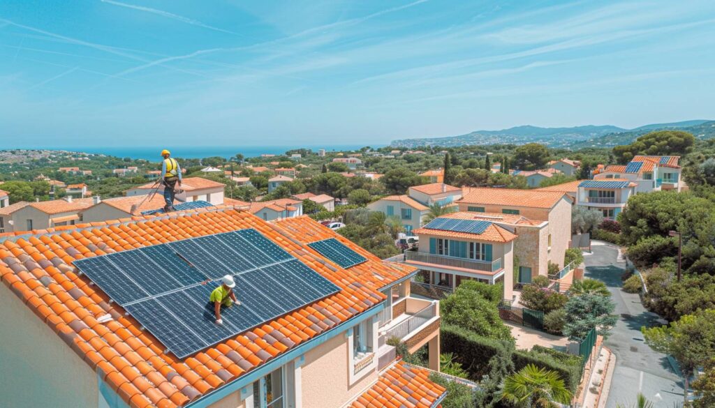 Artisan installant des panneaux solaires sur un toit dans le Var ensoleillé