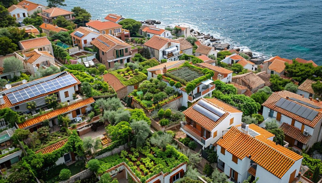 Vue aérienne de toitures écologiques dans une ville côtière du Var mêlant végétalisation panneaux solaires et surfaces réfléchissantes