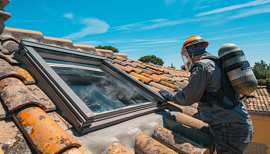 Lanterneau de désenfumage ouvert sur un toit en tuiles du Var avec technicien