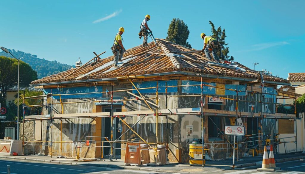 Couvreurs travaillant en sécurité sur un toit dans le Var avec équipements de protection