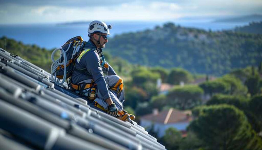 Couvreur équipé travaillant en sécurité sur le toit d'une maison dans le Var