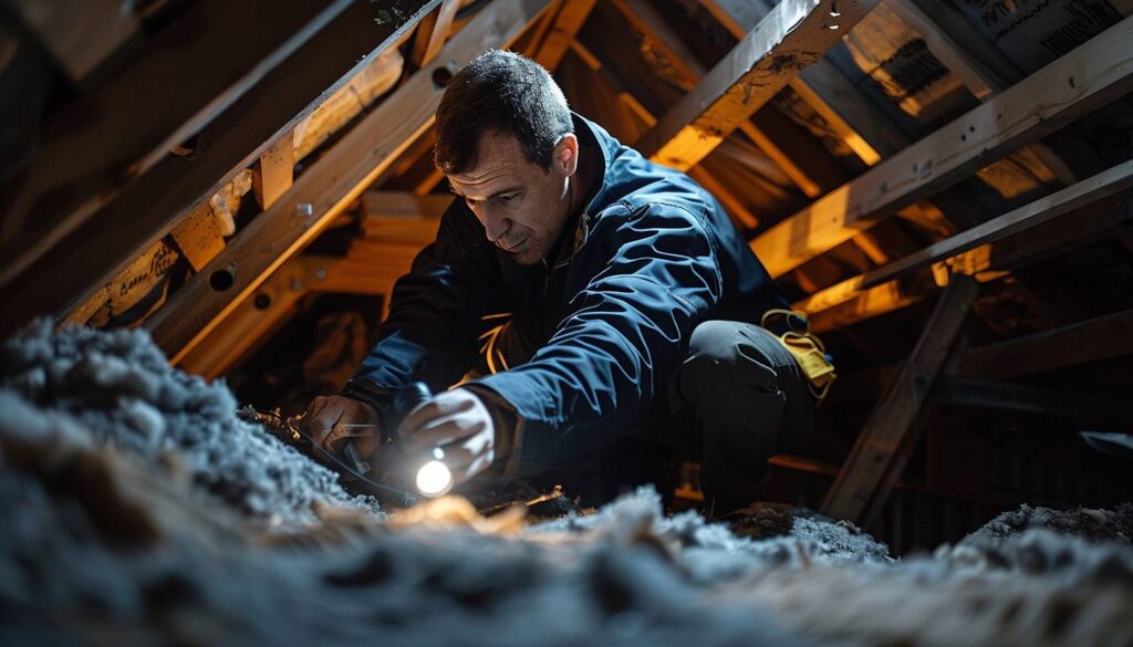 Couvreur inspectant les combles pour problèmes de ventilation de toiture