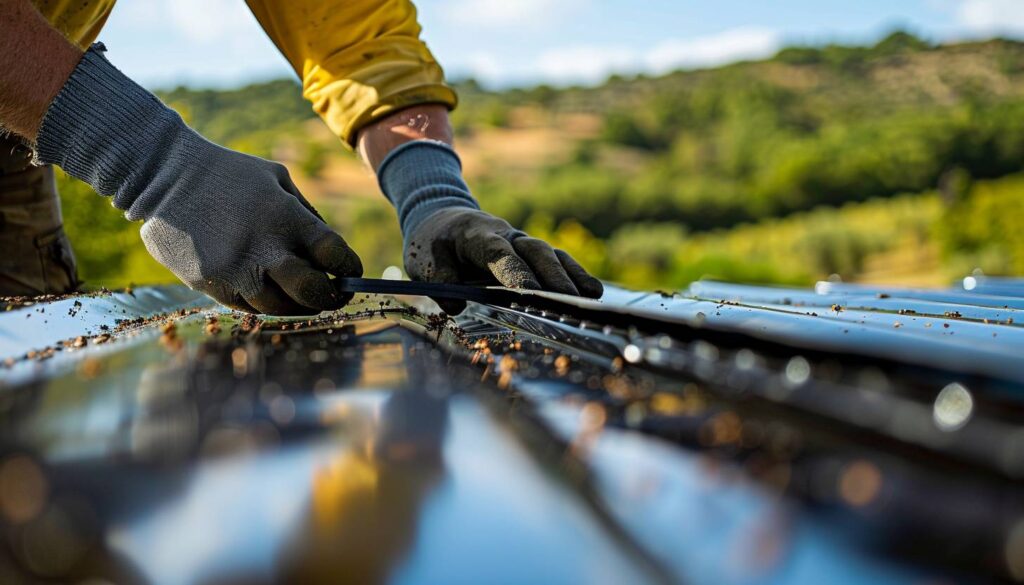 Couvreur installant un joint de dilatation sur une toiture métallique dans le Var