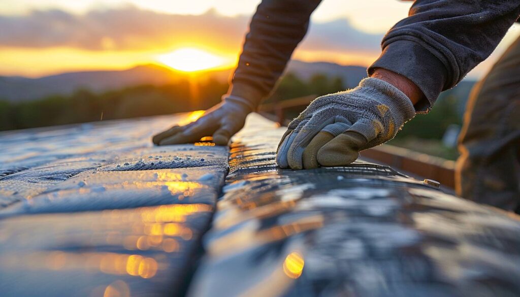 Couvreur appliquant une barrière anti-remontée capillaire sur un toit dans le Var