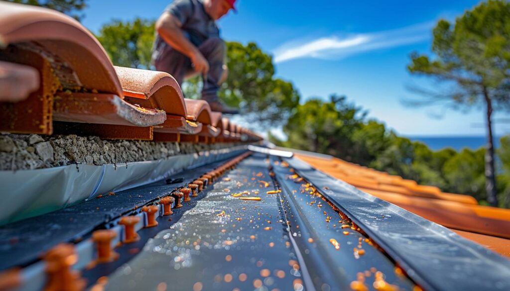 Couvreur réalisant une jonction étanche entre tuiles et toit plat dans le Var
