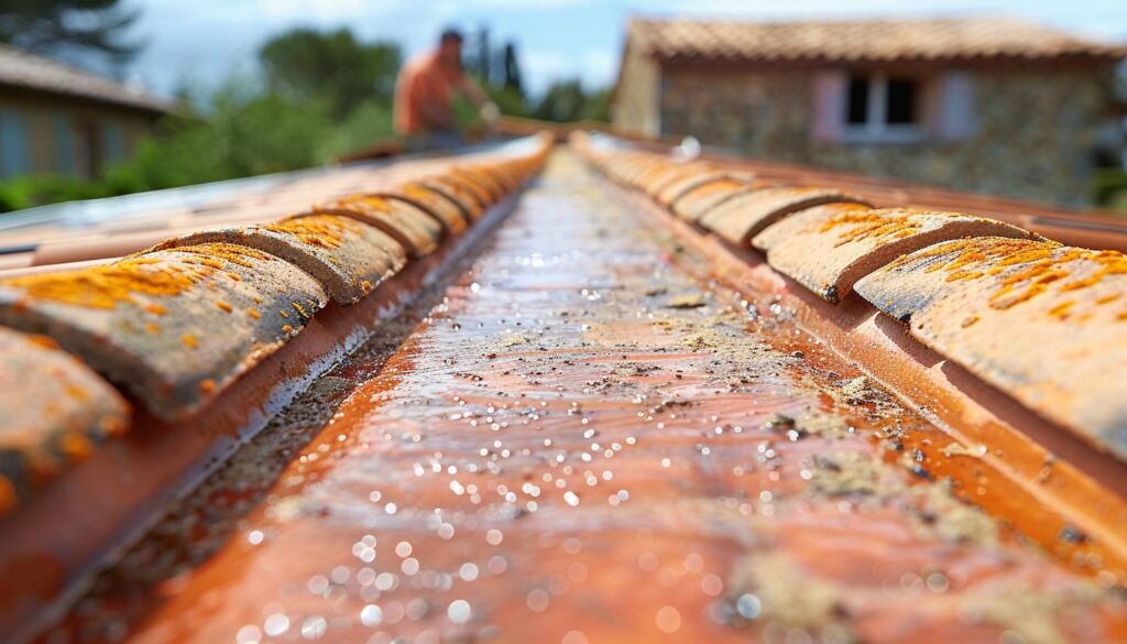 Noue étanche professionnelle entre deux pans de toiture en tuiles rouges réalisée par un artisan couvreur