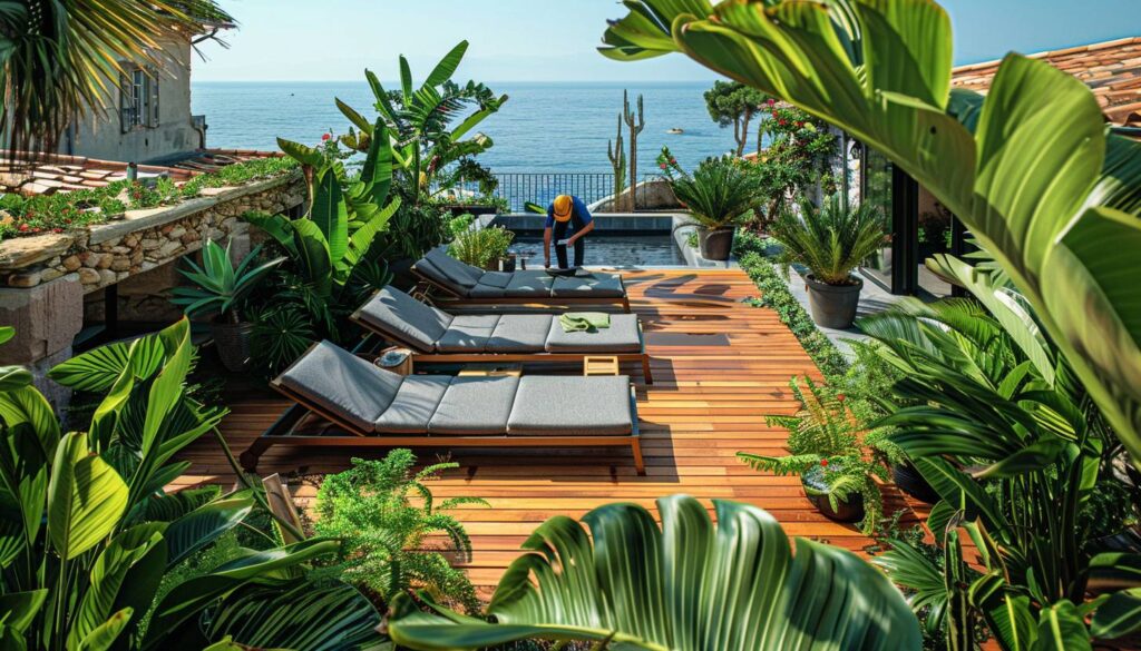 Toit-terrasse jardin avec végétation méditerranéenne et vue mer inspectée par un couvreur professionnel