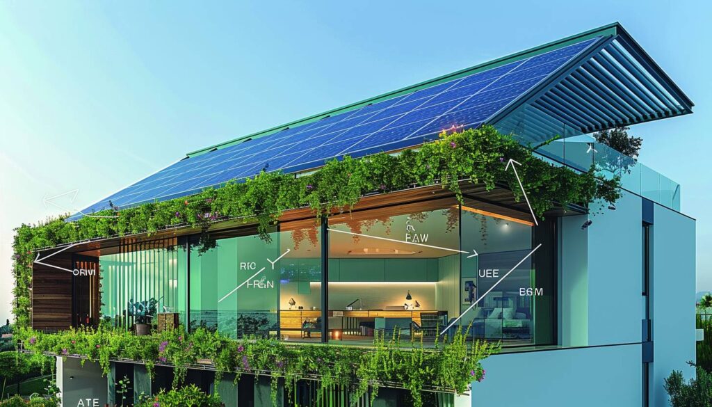 Maison avec toiture performante intégrant panneaux solaires végétalisation et matériaux innovants dans le Var
