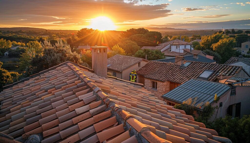 Toitures variées dans le Var avec pompier inspectant la résistance au feu