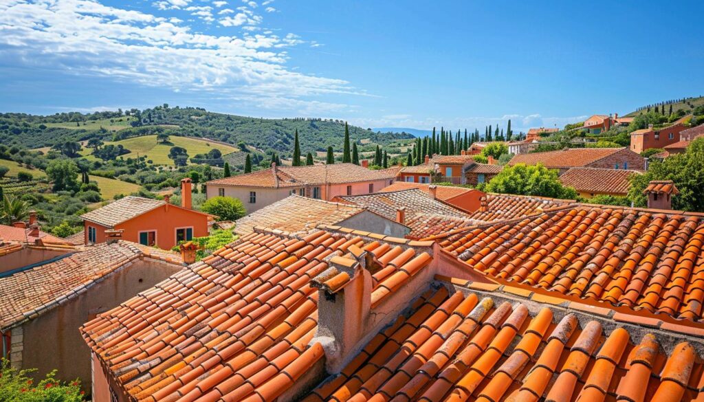 Village provençal du Var avec toitures résistantes aux UV sous un soleil intense