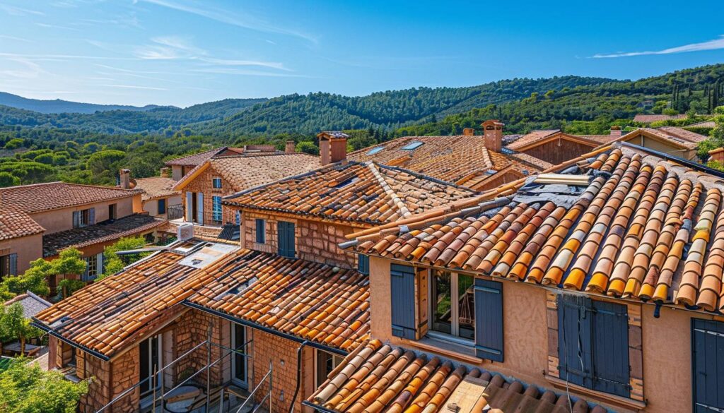 Village provençal avec toits en pente variées adaptées au climat méditerranéen du Var
