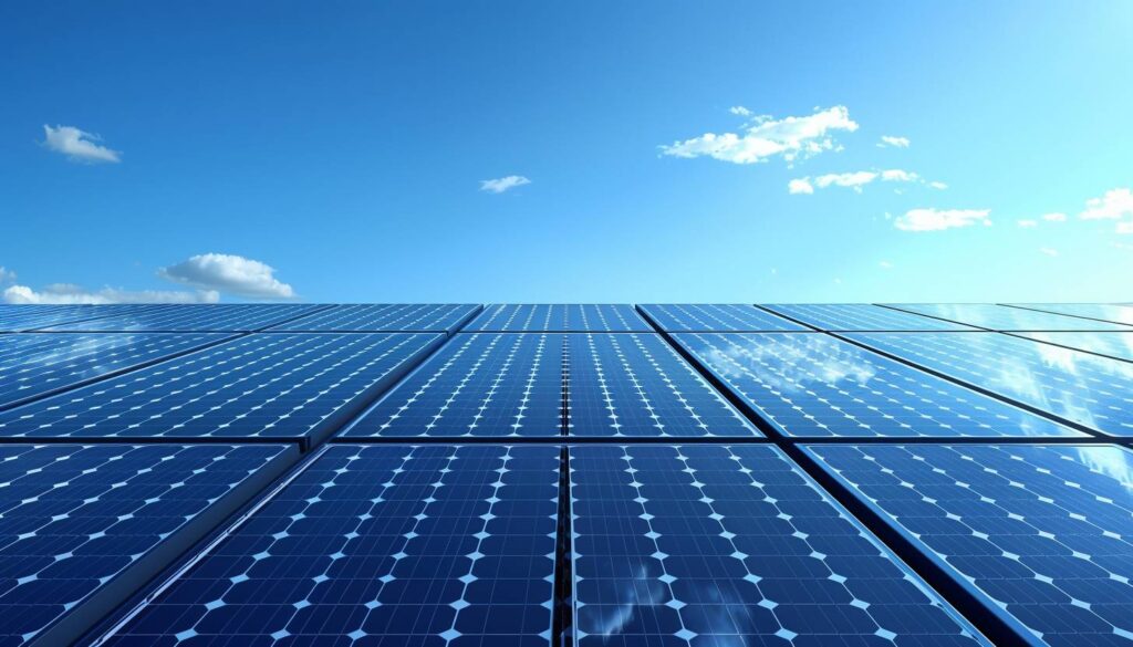 Gros plan sur un toit équipé de tuiles photovoltaïques modernes brillant au soleil